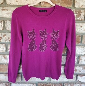 Be Mine Women's Rhinestone Cat Graphic Fuschia Sweater Top S/M Novelty Glamour